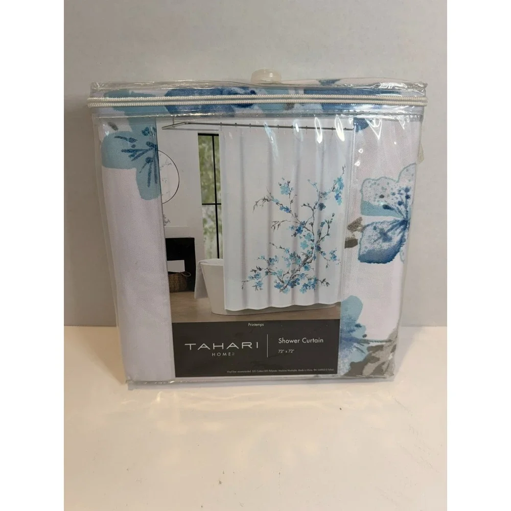 Tahari Home Floral Shower Curtain 72x72 Blue Gray White Bathroom Fabric New